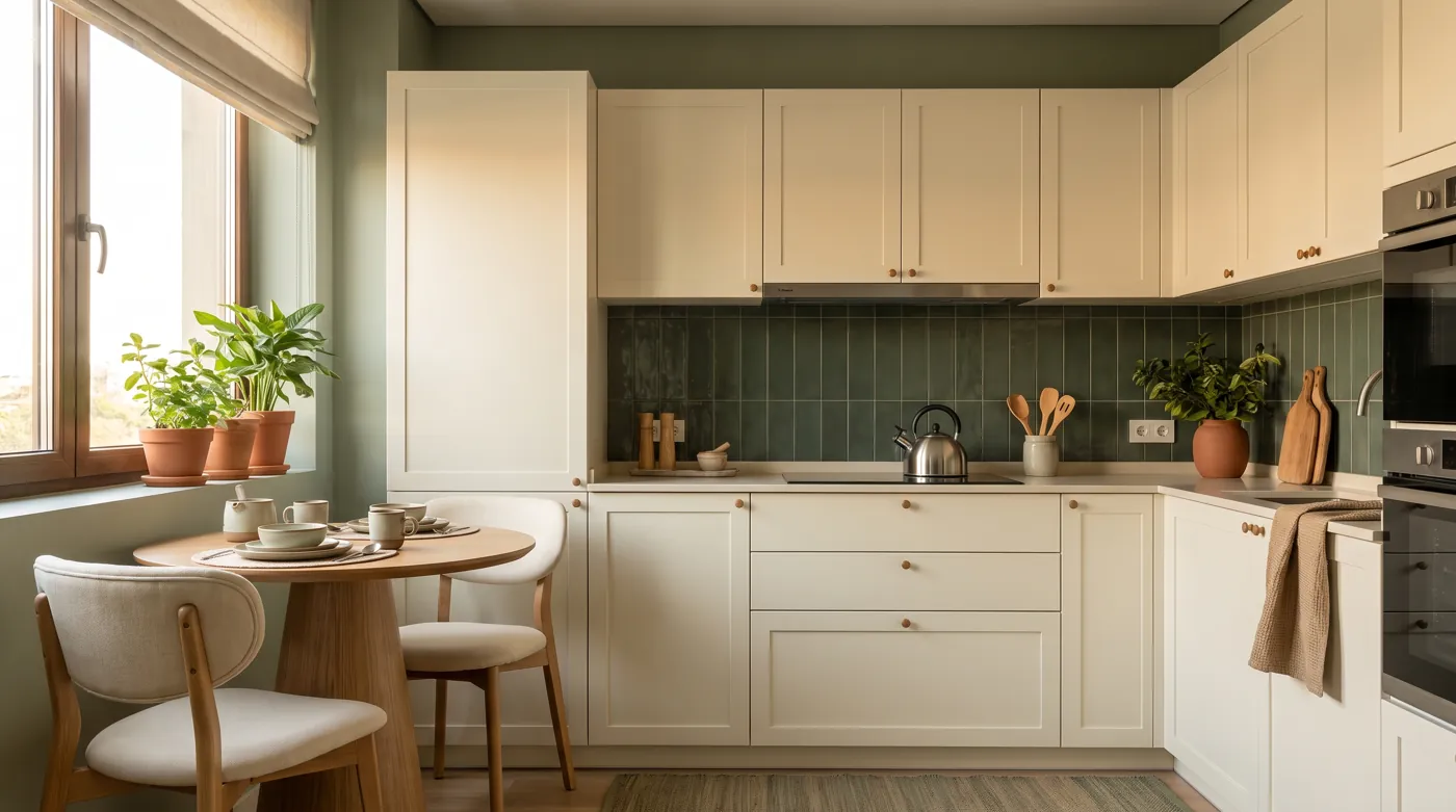 Cuisine équipée avec plaque de cuisson, bouilloire et table pour deux dans un appartement meublé à Asunción