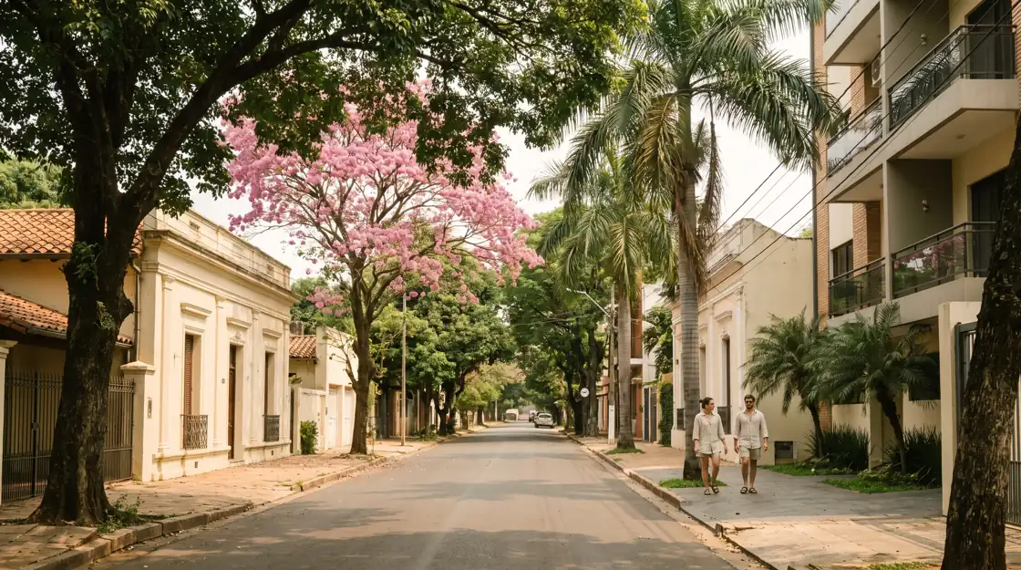 Rue résidentielle arborée d'Asunción avec un lapacho en fleurs, des maisons basses et des immeubles modernes