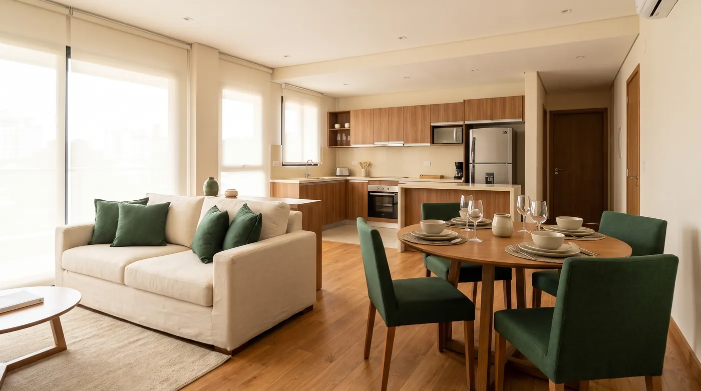 Salon-salle à manger meublé et équipé d'un appartement en location courte durée