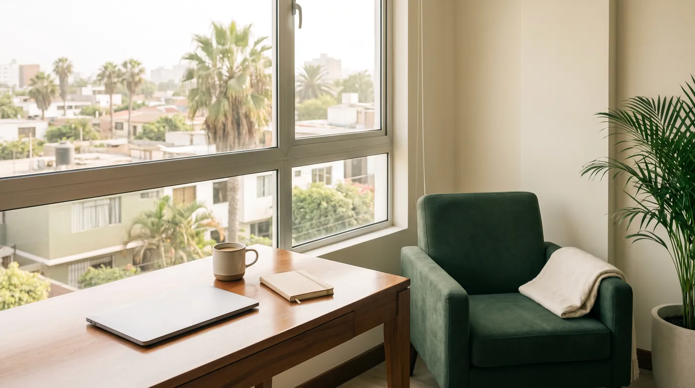 Escritorio con computadora portátil junto a una ventana con vista a Asunción