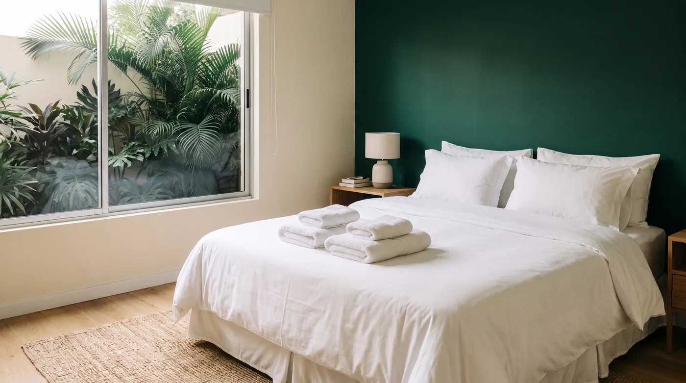 Chambre préparée avec du linge de maison professionnel avant l'arrivée d'un voyageur