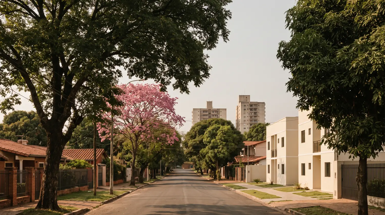Avenue arborée d'un quartier résidentiel d'Asunción avec un lapacho en fleur