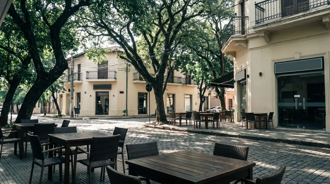 Terraza de café a la sombra en una calle arbolada de Asunción