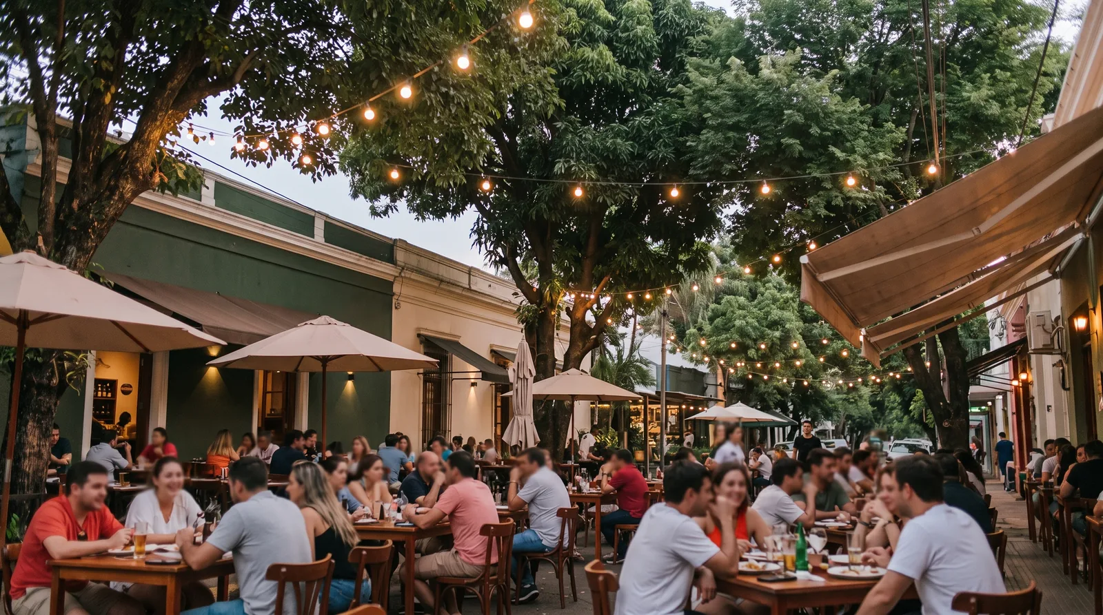 Terrazas animadas del Paseo Carmelitas en Villa Morra al anochecer, guirnaldas de luces bajo los árboles y gente en las mesas
