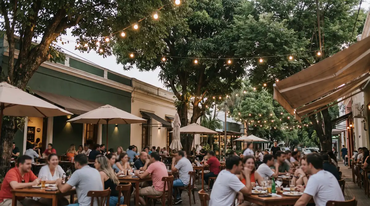 Terrazas de restaurantes bajo los árboles al atardecer en la zona gastronómica de Villa Morra